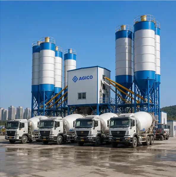 AGICO ready mix concrete plant supplying mixer trucks for a commercial concrete business