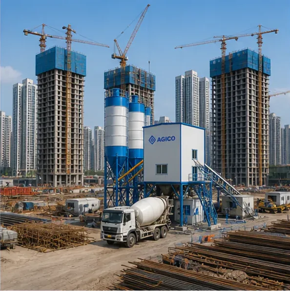 ready mix concrete plant supplying concrete for high-rise urban development