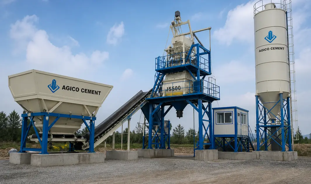 compact AGICO ready mix concrete batching plant rated at 25 cubic metres per hour