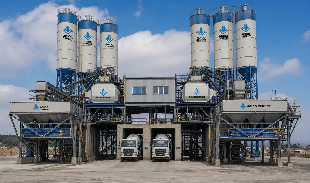maximum-output AGICO ready mix concrete batching plant rated at 300 cubic metres per hour