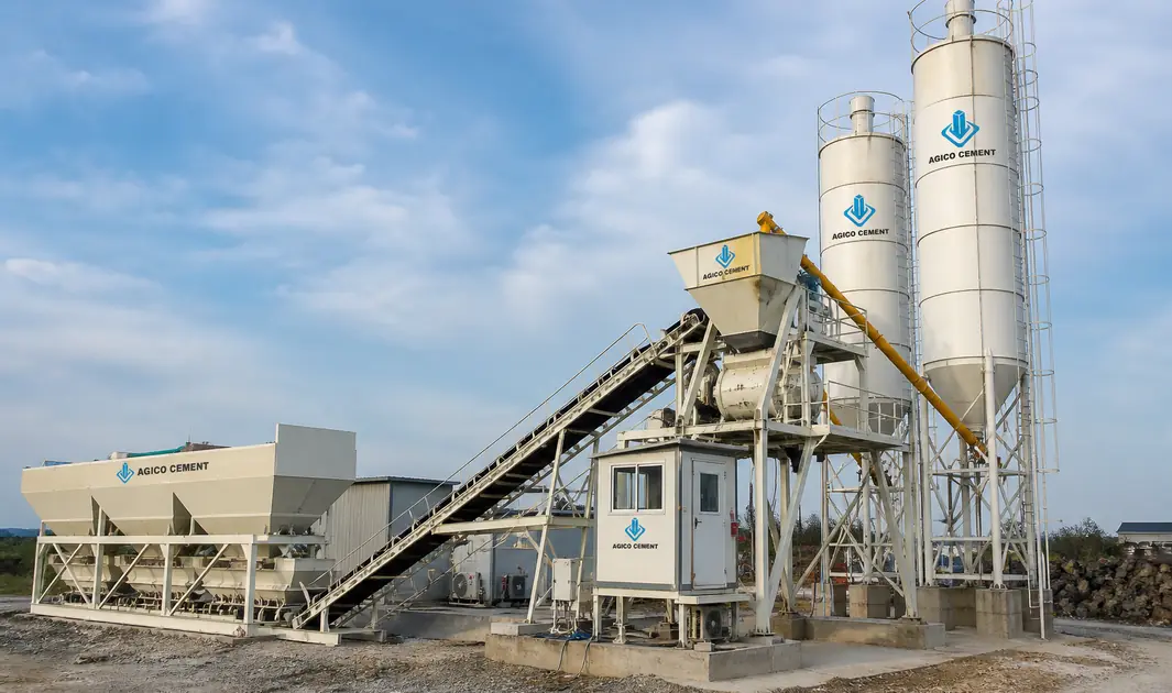 small commercial AGICO ready mix concrete batching plant rated at 35 cubic metres per hour