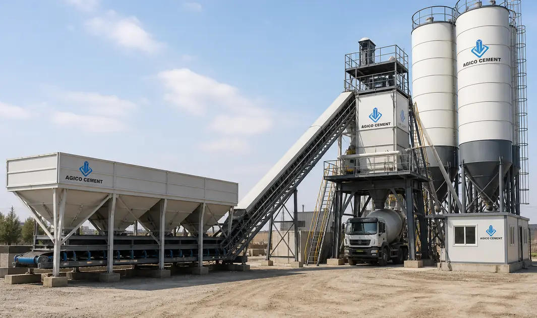 commercial AGICO ready mix concrete batching plant rated at 60 cubic metres per hour