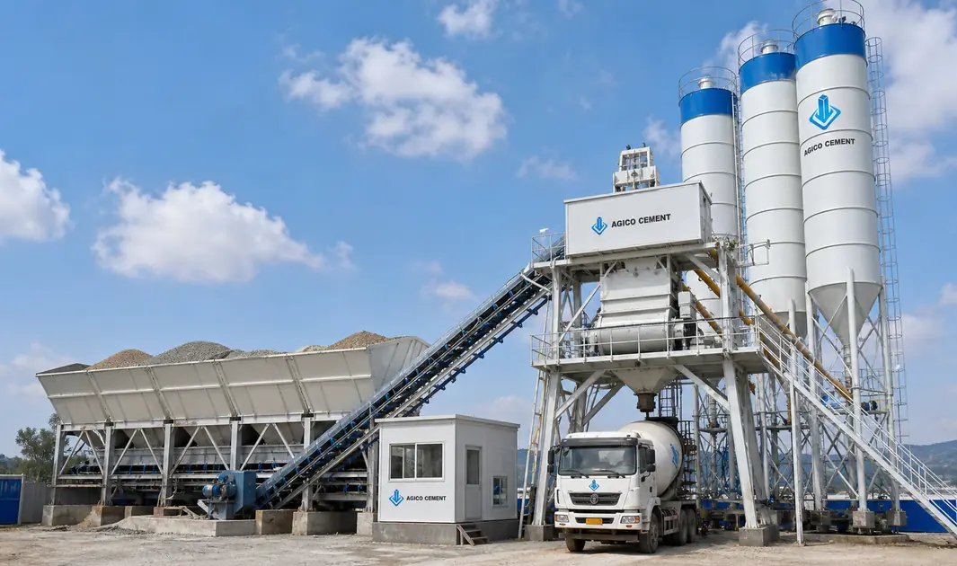regional commercial AGICO ready mix concrete batching plant rated at 90 cubic metres per hour