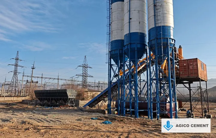 120 m3/h concrete batching plant installed at an industrial project site in Uzbekistan