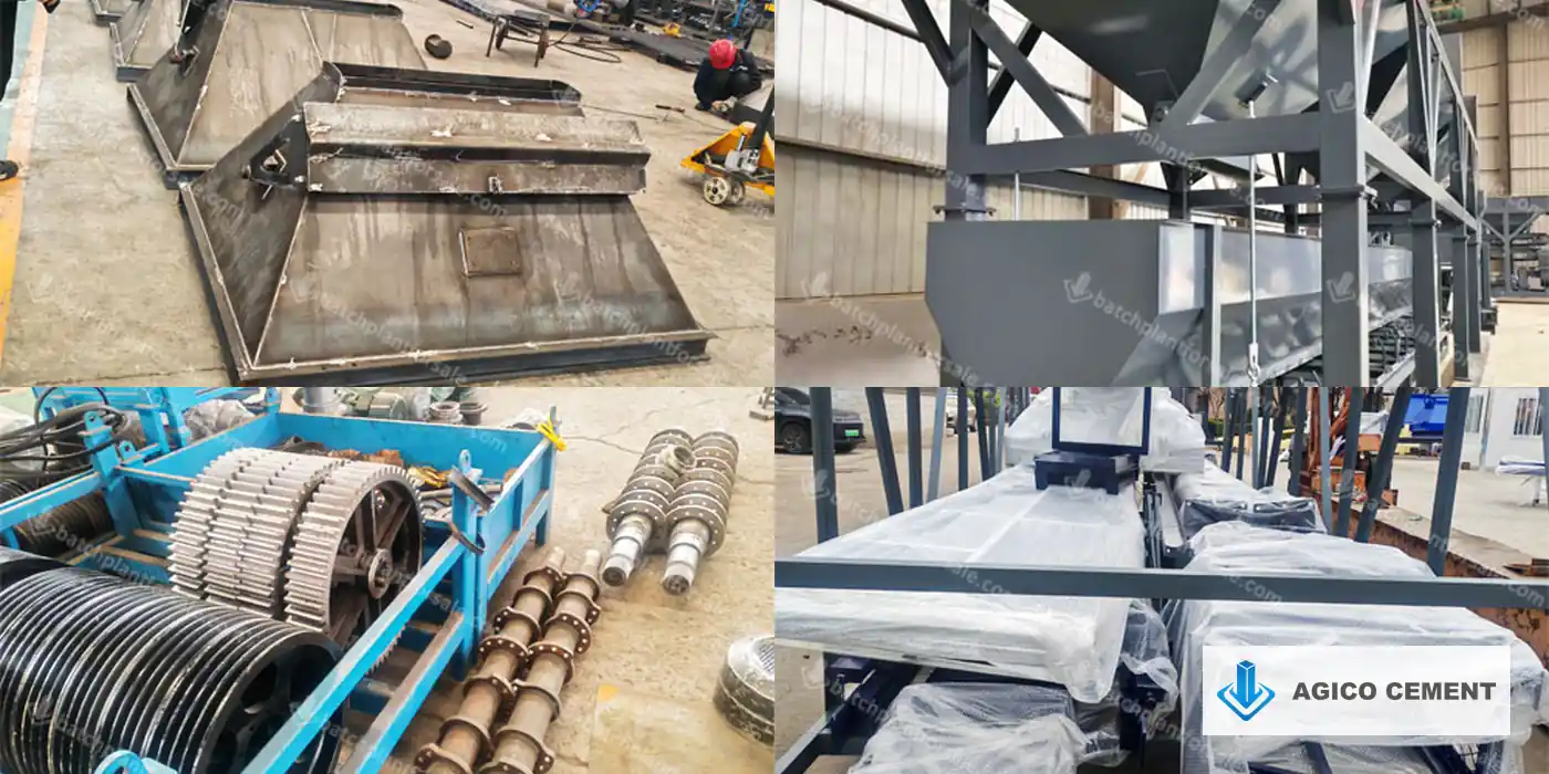 AGICO factory evidence collage showing batching hopper fabrication, assembly and transmission components