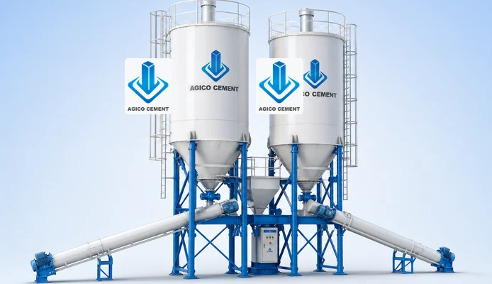 cement silos and screw conveyors for an AGICO ready mix concrete plant