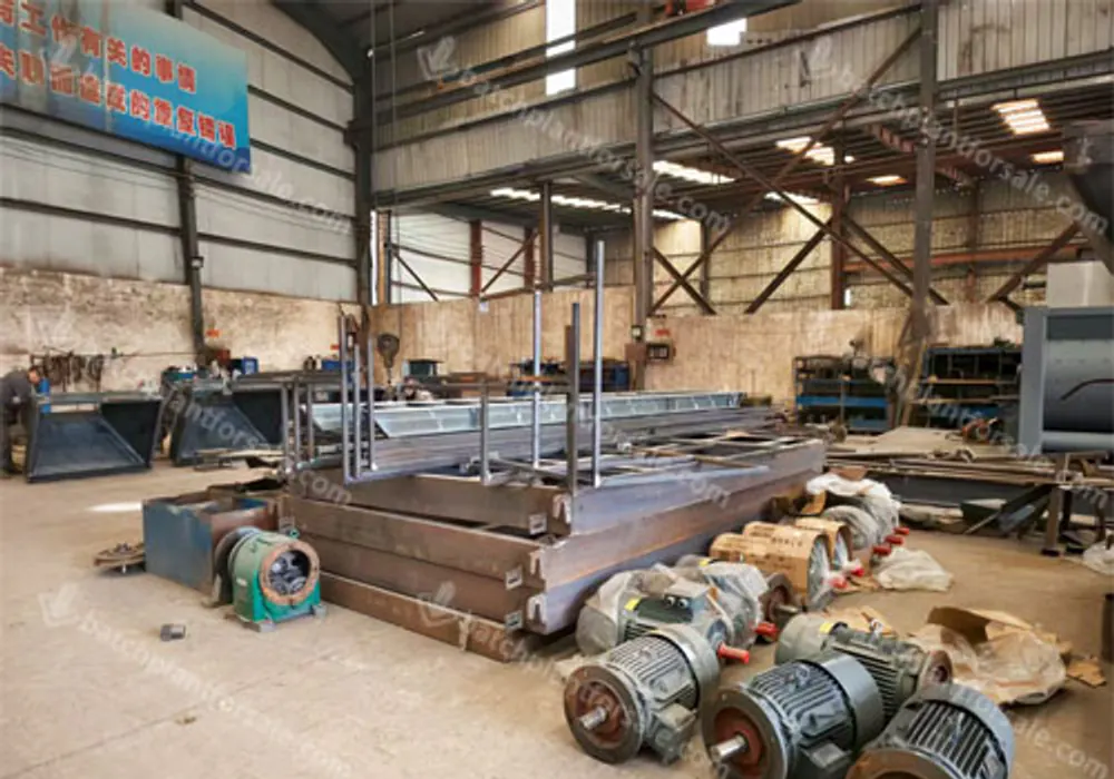 Large welded steel assemblies being manufactured for concrete batching plant projects