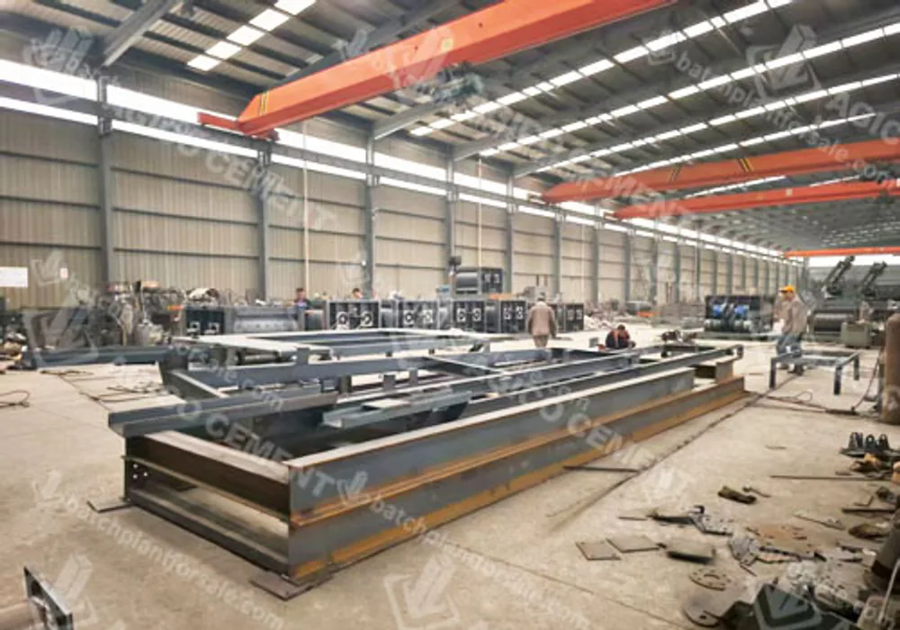 Completed steel structures for concrete batching plants awaiting assembly in the factory
