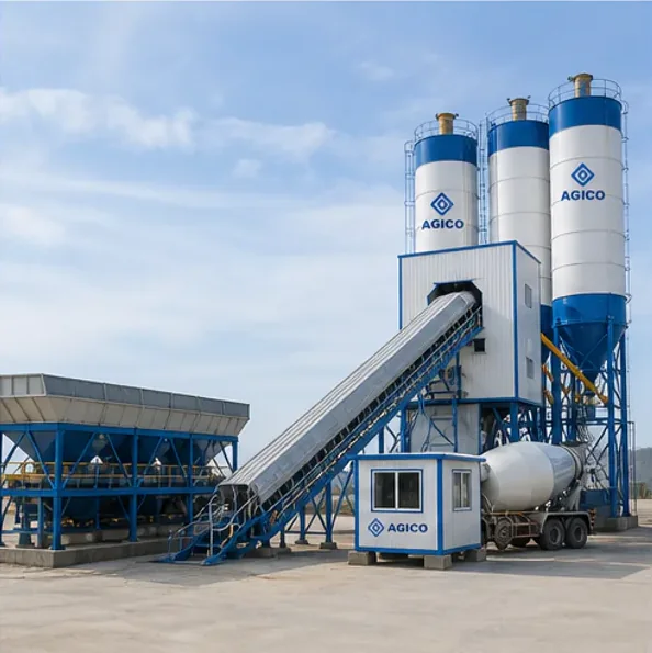 engineered AGICO ready mix plant configuration showing silos hoppers conveyor and mixing tower
