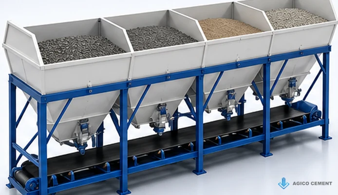Linear aggregate batching bins with weighing conveyor