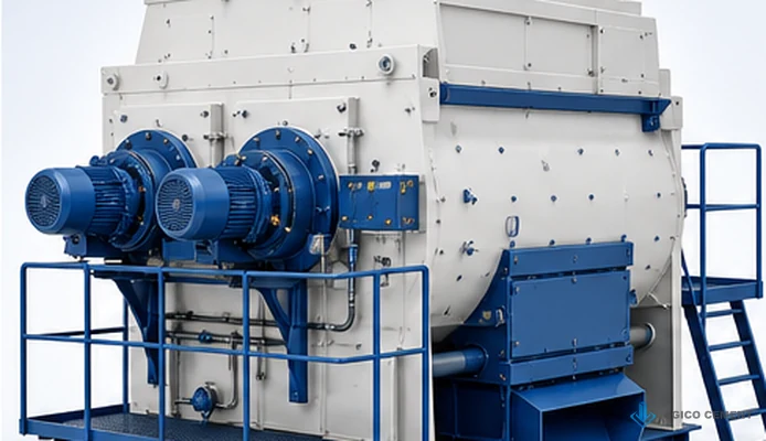 Twin-shaft mixer for a stationary concrete batching plant