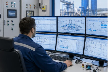 Operator monitoring stationary concrete batching plant production in the control room