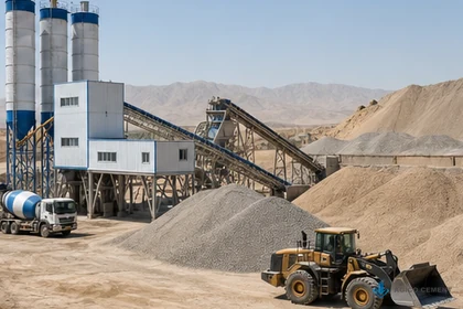 High-capacity stationary concrete batching plant at a highway construction base