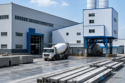 Stationary concrete batching plant integrated with a precast concrete production yard