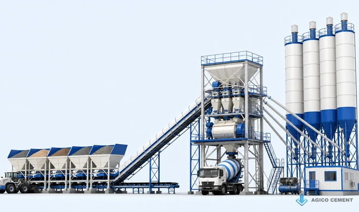 Single-line stationary concrete batching plant with aggregate bins, belt conveyor, mixing tower and cement silos