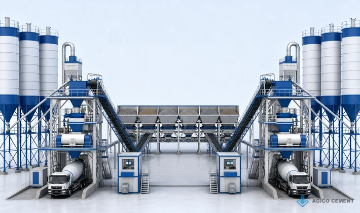 Twin-line 180 m3/h stationary concrete batching plant configuration