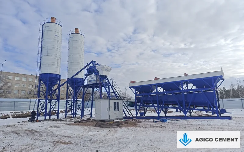 AGICO 60 cubic meter per hour concrete batching plant in a cold-weather project environment in DR Congo