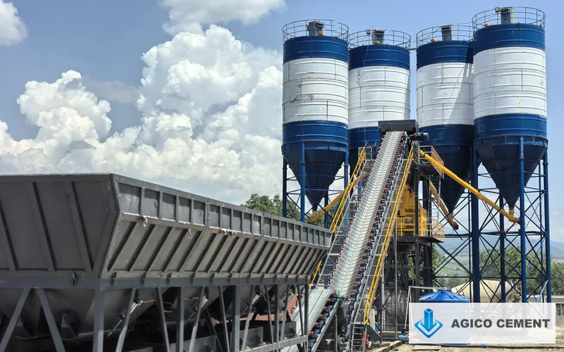 AGICO 180 cubic meter per hour foundation-free concrete batching plant with aggregate bins and four cement silos in Georgia