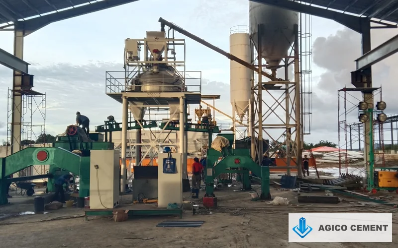 AGICO 50 cubic meter per hour concrete batching plant installed inside a covered production facility in Russia