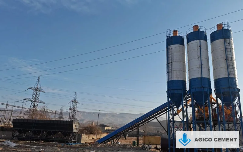 AGICO 120 cubic meter per hour concrete batching plant installed at a project site in Uzbekistan