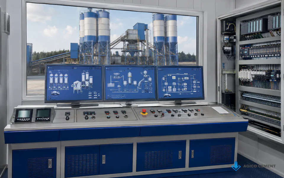 Automatic concrete batching plant PLC control room with HMI monitors and electrical control cabinet