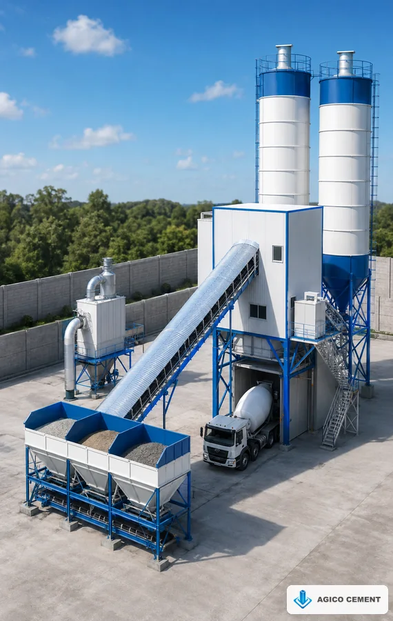 Compact 60 to 90 m3 per hour single-line AGICO central mix concrete plant