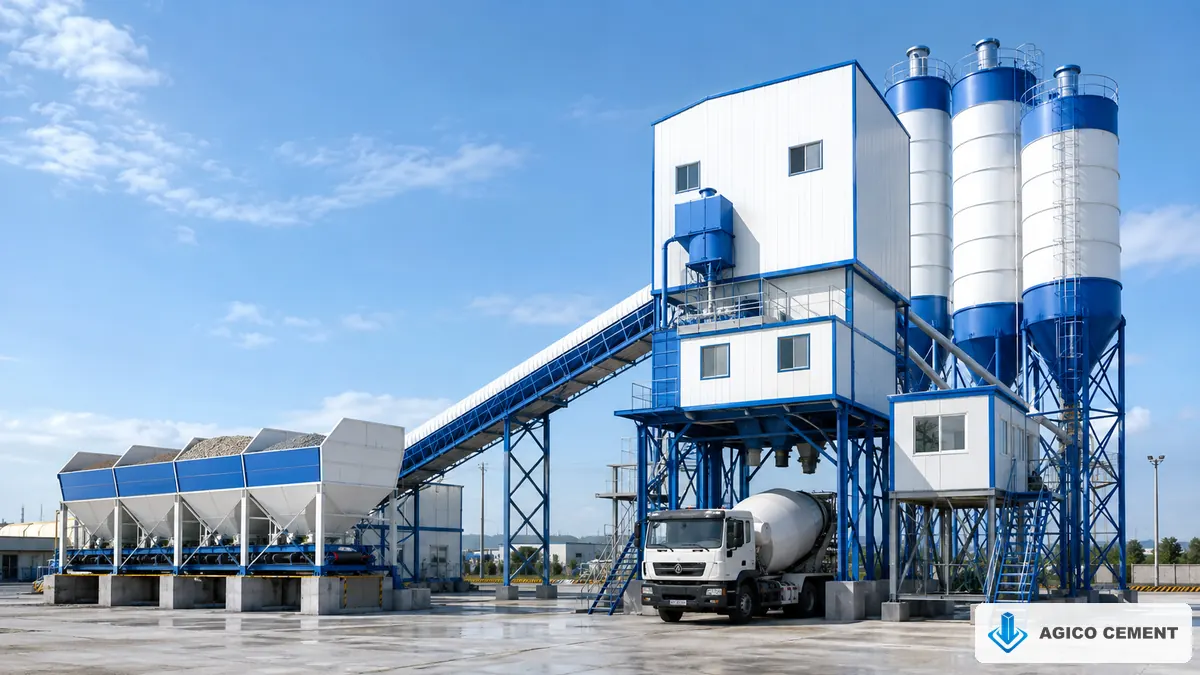 Complete AGICO central mix concrete plant engineered for commercial ready-mix production