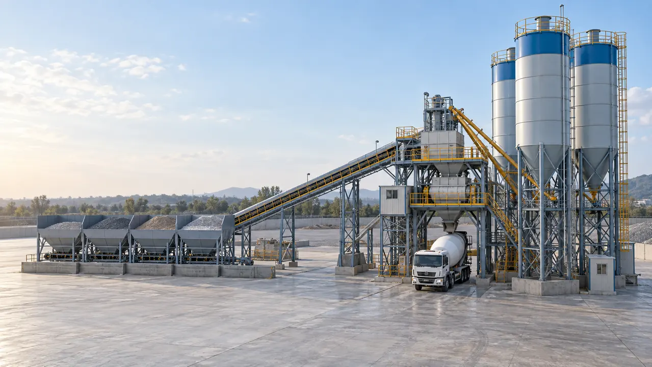 Illustrative concrete batching line with aggregate bins, inclined conveyor, central mixer, cement silos and truck loading bay