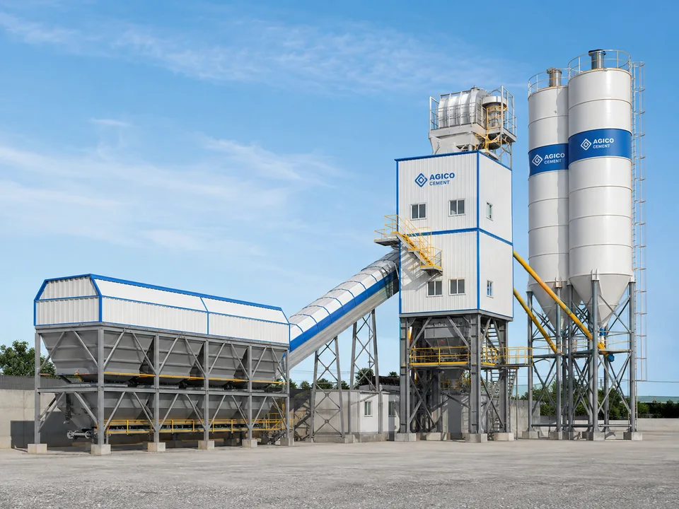 AGICO enclosed eco-friendly concrete batching plant with covered aggregate bins, conveyor and dust collectors