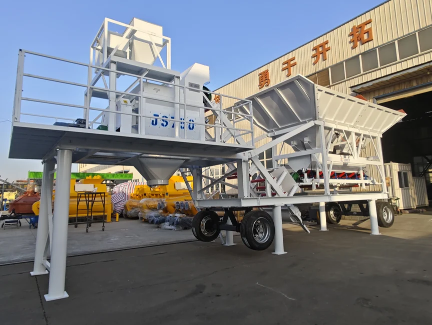 Trailer-mounted concrete batching equipment with support legs