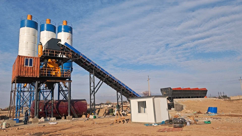 Concrete batching line with aggregate bins and elevated mixing structure